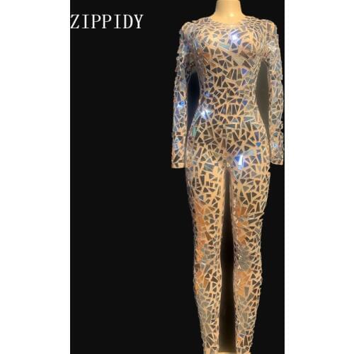 Fashion Silver Mirrors Jumpsuit Mesh Dance Costume Women stage Performance Dance Net Yarn Bodysuit Sexy Nightclub Wear YOUDU