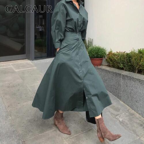 GALCAUR Korean Minimalist Dress For Women Lapel Collar Long Sleeve High Waist Pure Dresses Female Autumn Fashion New 2020