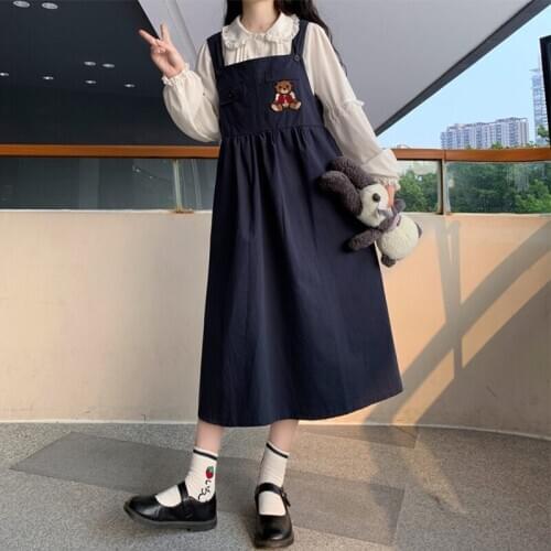 Japanese Cartoon Bear Embroidered Suspender Dress Female 2020 Autumn Sleeveless High-Waist kawaii clothing sweet lolita dress