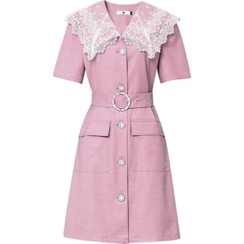 New Womens 2021 Summer Dress Tooling Style Lace Lapel A Line Single Breasted Pocket Casual Fashion Vestidos