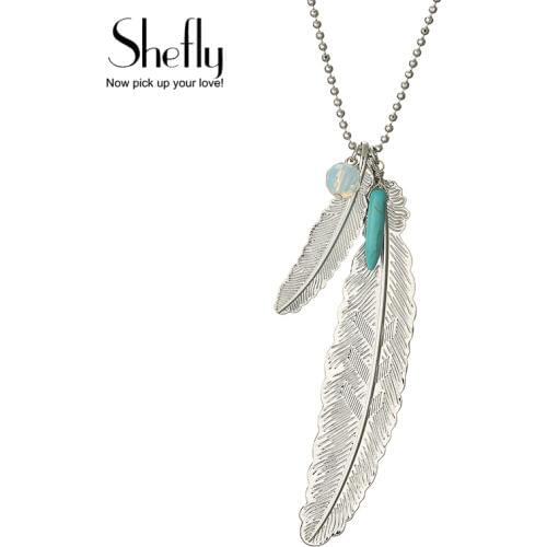 2pc Fashion Womens Vintage Long Necklace Jewelry Silver Color Simple Feather Pendant Necklaces Colar FGXL07319A