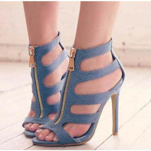 Summer Cheap High Quality Woman Blue Jeans Peep Toe Cuts Out Zipper Front Thin Heels Casual High Heel Sandals Girls Fashion