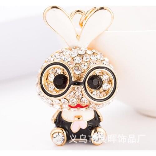 Cartoon Rhinestone-Crystal rabbit key chains cute animal-bunny car keychain Charm metal enamel-zodiac-foot key ring bag pendant
