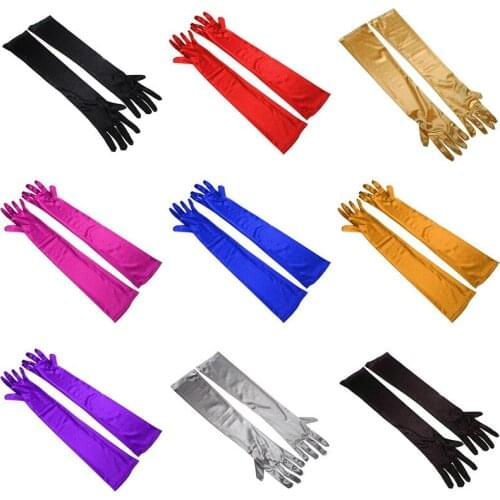 Green Orange Blue Long Shiny Stretch Satin Dress Gloves Opera Length Formal Prom Party Gold Finger Gloves Gant Mariage