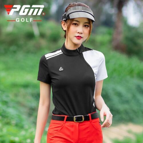 PGM Summer Ladies Training Short Sleeve T Shirt Apparel Golf Women Wear Sports Clothes Quick Dry Fabric Zipper Stand Collar S~XL