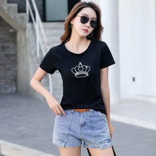 GGRIGHT 2021 Summer Tees T Shirt Women Korean Fashion Tshirt Girls Short Sleeve Diamonds Crown Tee Shirt Femme Tops Black Y2K