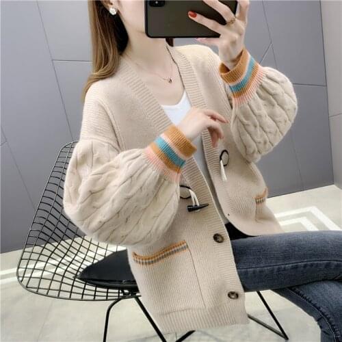 2021 Rushed Room 197832, Row 7, No.5, Lower] Real Shot Lantern Sleeve And Button Pocket Knitted Cardigan 59