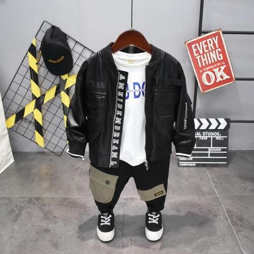 Autumn Boys Clothing Sets Children Clothing Set Kids Boy Clothes Faux leather + T-shirt + pants 3pcs boys set Casual Outfit