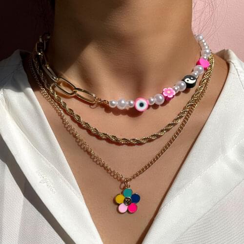 Multi-layer Punk Crystal Cross Smiley Face Pearl Beads Necklaces For Women Metal Chain Yin Yang Flower Choker Necklace Jewelry