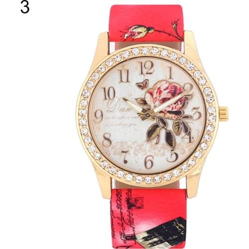 Fashion Women Print Rose Pattern Rhinestone Wrist Watch Casual Clock Quartz watch reloj mujer relogio feminino reloj hombre Ladi