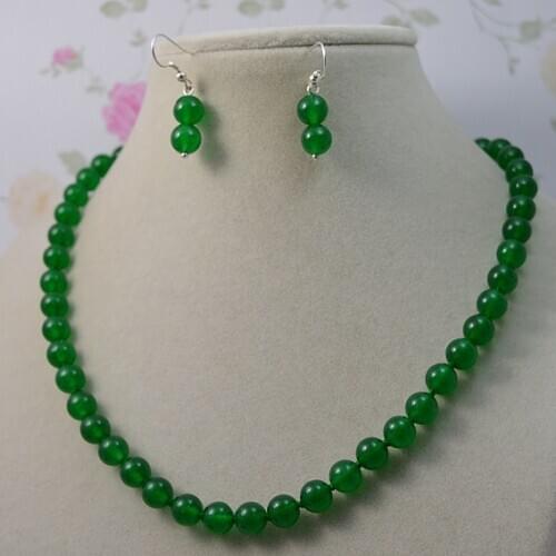 New Arrival Jade Jewelry 8mm Round Green Color Jade Necklace Earrings Jewelry Set Charming Wedding Birthday Women Gift