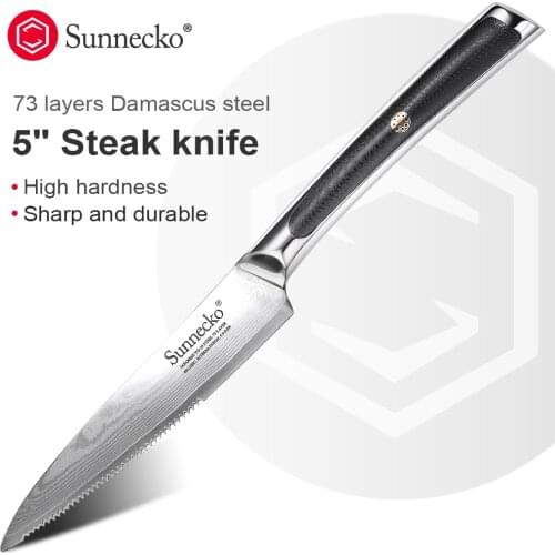 SUNNECKO 5" Damascus Steel Steak Knife Japanese VG10 Core Blade Kitchen Knives G10 Handle Chefs Vegetable Meat Dinner Knives