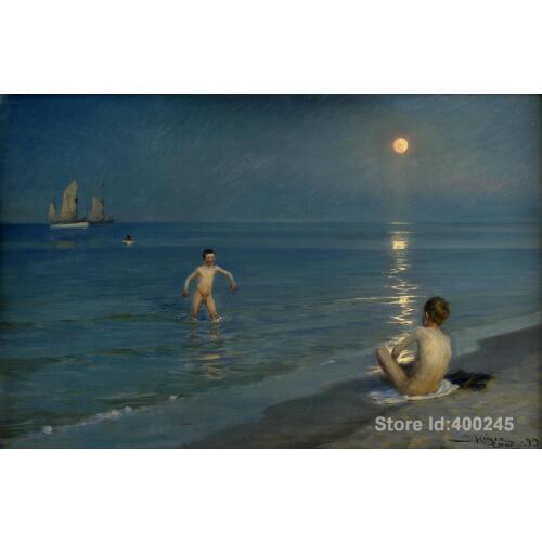 Peder Severin Kroyer paintings of Boys Bathing at Skagen Summer Evening modern art Landscape High quality Hand painted