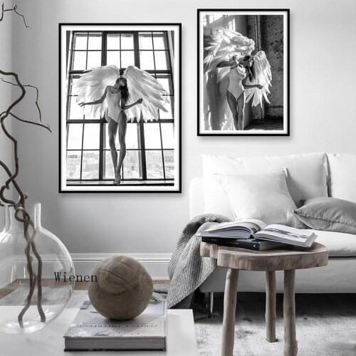 Angel Wing Girl Poster and Prints Black and White Wall Art Canvas Painting Pictures for Living Room Nordic Home Decoration