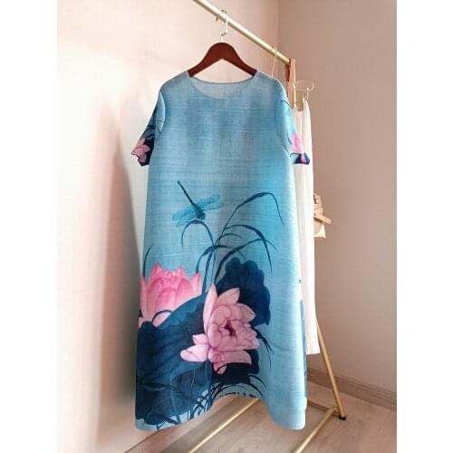 HOT SELLING Miyake Chinese style Lotus dragonfly element printing dress fold dress short sleeve dress IN STOCK