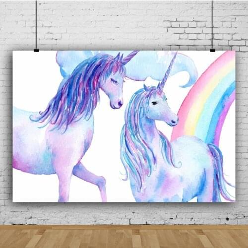 Rainbow Unicorn Birthday Backdrop Watercolor Painting Unicorn Party Decoration Background Party Banner Supplies Photocall Props