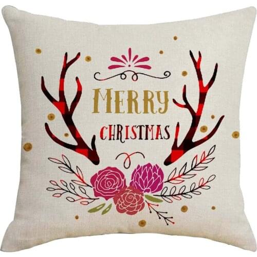 Merry Christmas Antlers Cotton Linen 18''X18'' Square Throw Pillow Case Cushion Cover for Home Sofa Bedding