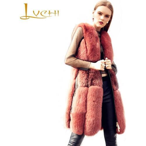 LVCHI 2019 Genuine Leather Winter Natural Fox Fur Coat Draped Sleeveless Wine Red O-Neck Fox Coat Womens Medium Fox Vest Coats