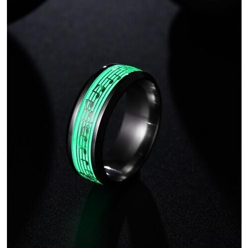 Luminous Plated Ring Dark Golden Music Note Inlay Green Background Fashion Men Fluorescent Glowing Rings For Men Women