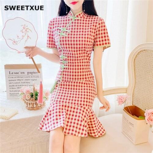 SWEETXUE Retro Elegant Plaid Cheongsam Modern Womens Ruffled Dress Ladies