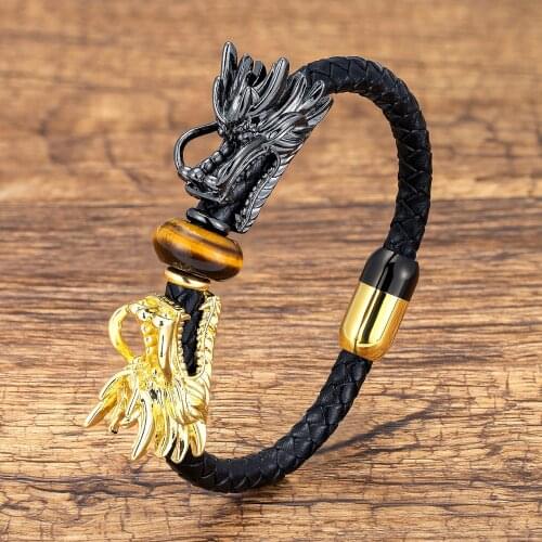 Unique Dragon Shape Ethnic Bracelet Black Genuine Leather Rope Chain Mens Luxury Jewelry Natural Tiger Eye Stone Bracelets Gift