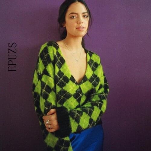 Autumn Vintage argyle knitted cardigans women sweaters kawaii mohair sweater winter korean sweater clothes 2020