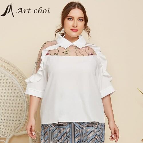 Summer Elegant Floral Gauze Embroidery Splicing Fungus Shirts Women Luxury Ladies Blouse Tops Half Sleeves Female Plus Size