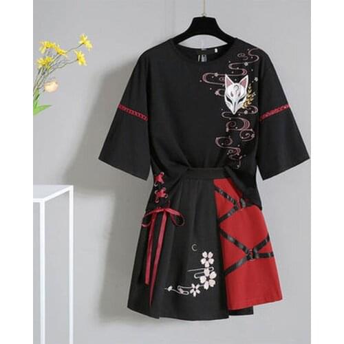 Demon Slayer Anime Cosplay Womens Clothing Japanese Red Ribbon Girl Lolita T-shirt Short Skirt Set Halloween Costumes