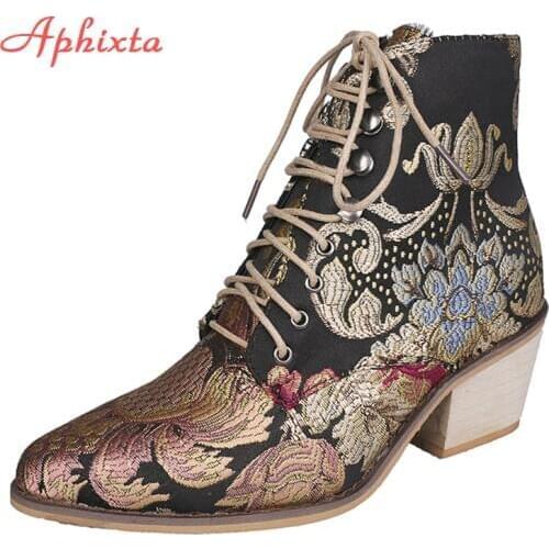 Aphixta Retro Shoes Women Embroidery Flower Ankle Boots Lady Elegant Lace Up Female Silk Wood Chunky High Heel Botas Mujer
