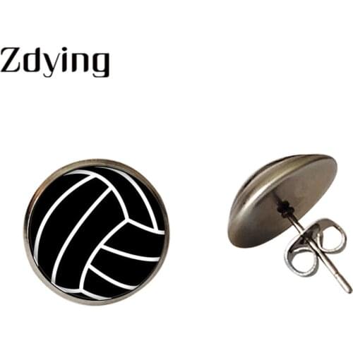 ZDYING Glass Cabochon Beach Volleyball Stud Earrings Alloy Stainless Steel Earrings Jewelry For Trendy Men Woman Jewelry KA002