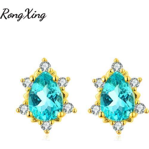 RongXing Creative Clear Blue Water Drop Zircon Turtle Stud Earrings For Women Yellow Gold Filled Birthstone Earrings Lover Gifts