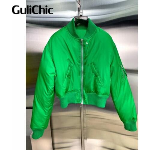 8.14 GuliChic High Quality Women Solid Color Stand Up Collar Long Sleeve Zipper Short Down Coat Jacket