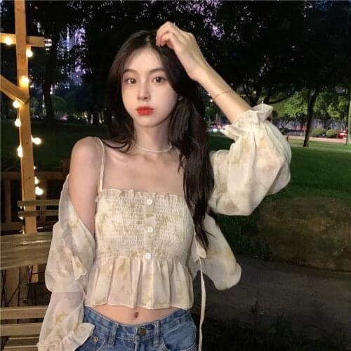 Chiffon Long Sleeve Two-piece Suit Print Crop Top Spaghetti Strap Strapless V-neck Shirts for Woman Fashion Summer Beach Style