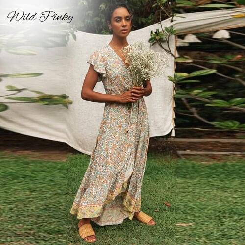 WildPinky Summer Long Maxi Dress Women Casual Boho Floral Print Beach Dress V-Neck Ruffle Wrap High Split Party Dress Vestidos