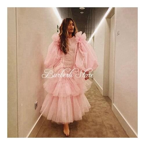 Sweet Blush Pink Tiered Ruffles Women Dress To Party Ankle Length Fashion Long Puff Sleeves Tulle Female Dress Summer Vestidos
