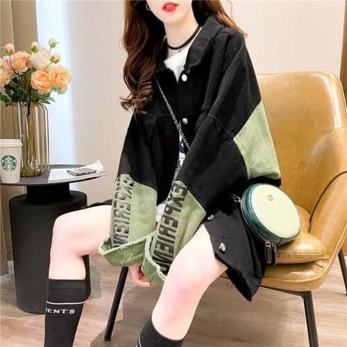 Womens Denim Jean Jackets Spring Autumn 2021 New Spliced Letter Printing Streetwear Vintage Clothing Loose Coat Kurtka Damska