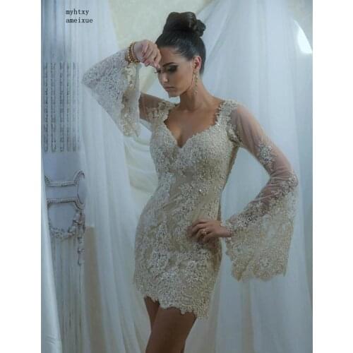Elegantes Lace Appliques Short Evening Dresses 2020 Sexy V-neck Long Sleeve Formal Party Gowns Robe De Cheap Party Long Dress