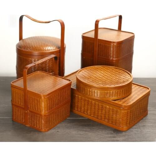 Retro bamboo tea set storage box portable snack food box pizza box lunch box sushi box take out box tea cake high grade gift box