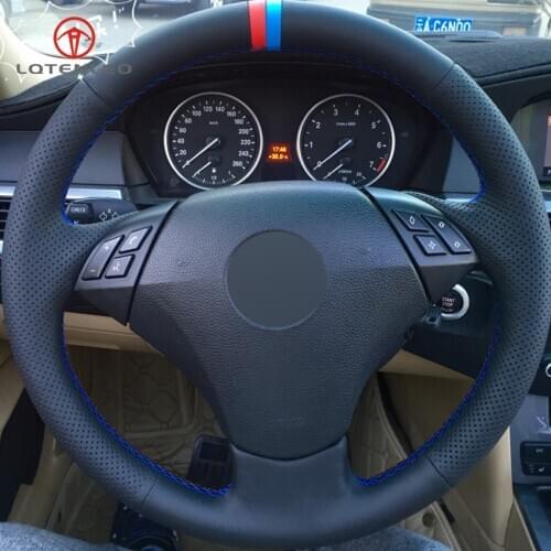 LQTENLEO Black Genuine Leather DIY Car Steering Wheel Cover for BMW E60 E61 520i 520li 523 523li 525 525i 530 530i 535 545i