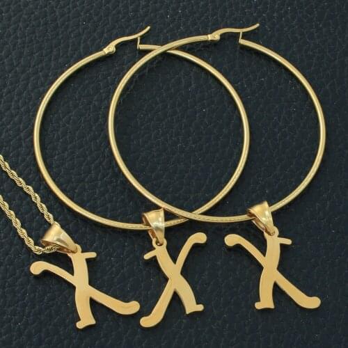 Fashion Stainless Steel Jewelry For Woman Girls Letter Pendant Chain Necklace And Hoop Earrings Letters High Quality Joyas Store
