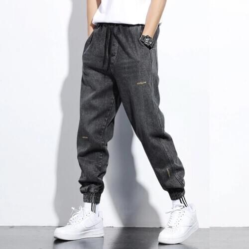 Men Vintage Fashion Denim Joggers Pant Streetwear Hip Hop Cargo Pant Male Jeans Harem Trousers Blue Black 2020 New HZ022