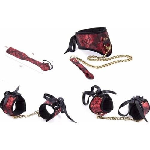 4 Pcs Leather Bondage Set Silky Lace Up Neck Posture Collar with Chain Leash Fetish Wrist & Ankle Cuffs