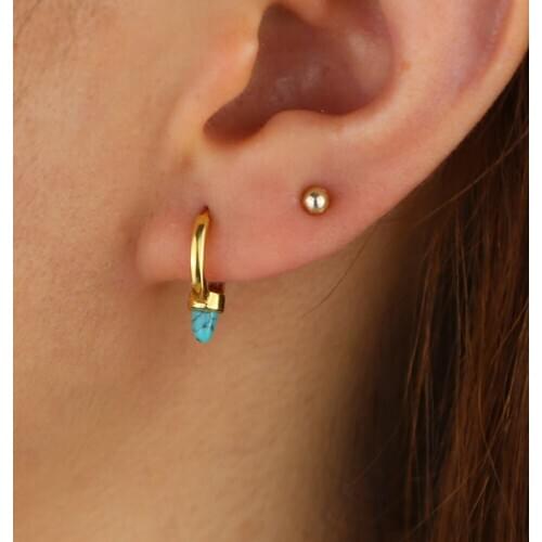 Real 925 sterling silver turquoises white opal paved earring jewelry Gold Filled mini spike hoop earring