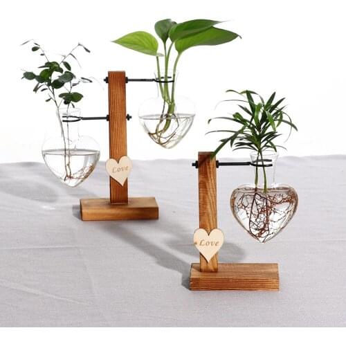 Nordic Style Plant Transparent Vase Wooden Frame Vase Decoratio Glass Tabletop Plant Bonsai Decor Flower Vase