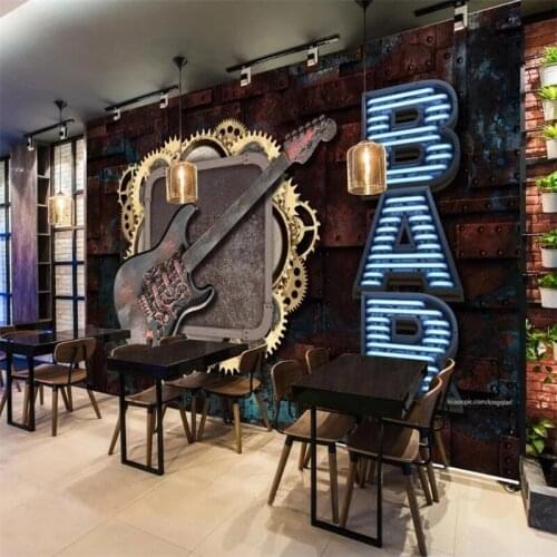 Retro Nostalgic Metal Industrial Wind Guitar Iron Gear Self Adhesive Wallpaper 3D Rock Music Bar KTV Decor Background Murals