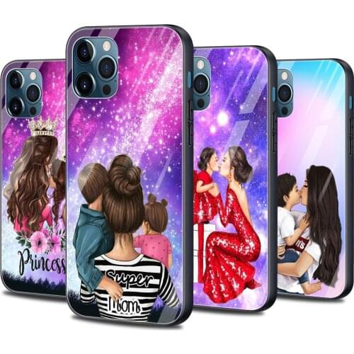 Super Mom Woman Baby Glass Smartphone Case For iPhone 12 11 Pro Max XS XR X 7 8 Plus 12 Mini SE 2020 Black Silicone Cover