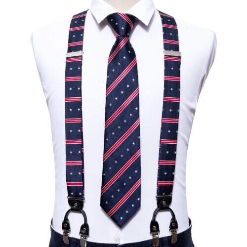 Blue Fashion Adjustable Silk Suspenders Set Neck Tie For Men Party Wedding Y-Shape 6 Clip Suspenders For Men Shirt Barry.Wang