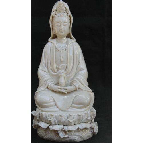 27CM Chinese Dehua White Porcelain Sacred Guan Yin Kwan-yin Vase Goddess Statue