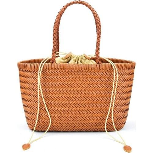 Genuine leather woven knitted women shopping bags large capacity handbags with canvas inner bag