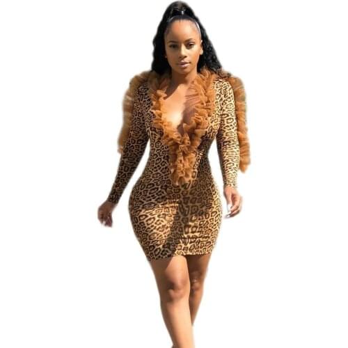 New Womens European and American Sexy Deep V Leopard Print Lace Skirt